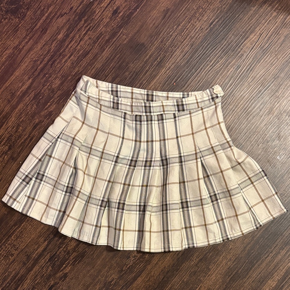 Elegant Cream and Tan Plaid Skater Skirt